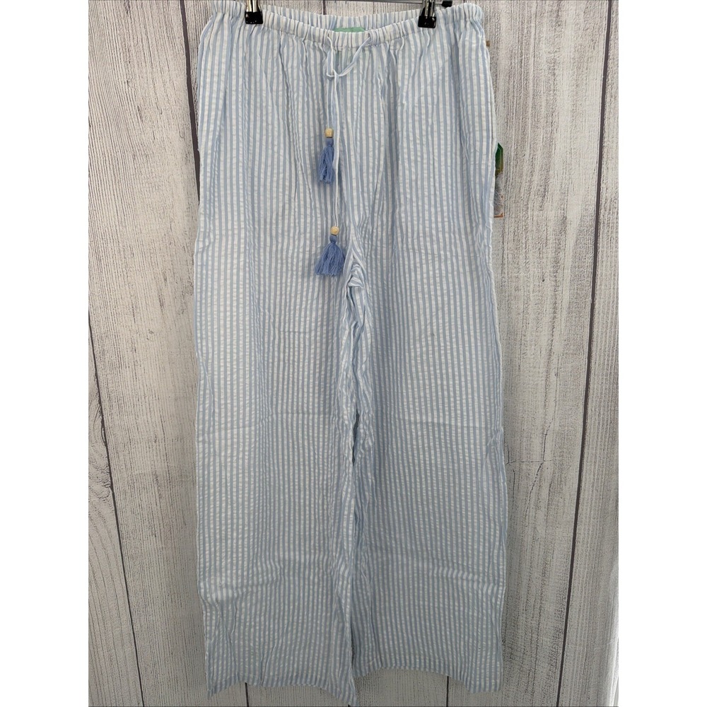 True Destinations Pants Womens MEDIUM White Blue Stripe Seersucker Resort Beach